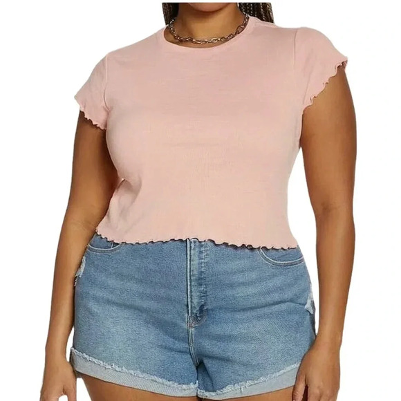 BP. Pink Ribbed Ruffle Edge Crop Tee 1X 2X 3X - Picture 1 of 4